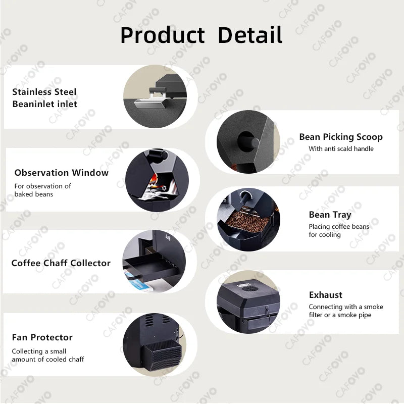 CAFOVO RE-2 Electric Coffee Roaster 500g Capacity with Artisan Software Dual Temperature Monitoring Commercial Home Roasting