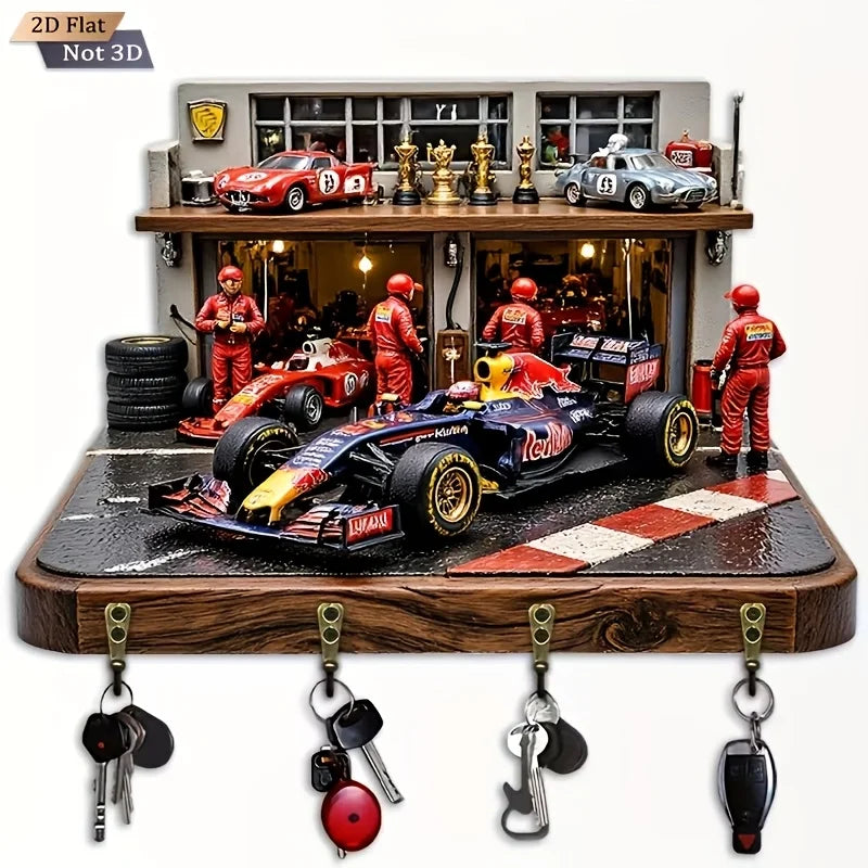 2D Flat. 1pc. Racing-Themed Key Hook - Multi-Functional Decorative Key Holder with Four Metal Hooks, Wall Decoration, Room
