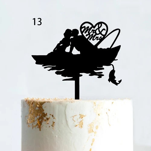 Fishing Style Wedding Cake Topper Funny Mr & Mrs Happy Birthday Hooked For Life Happy Retirement Acrylic Wooden Cake Decoration