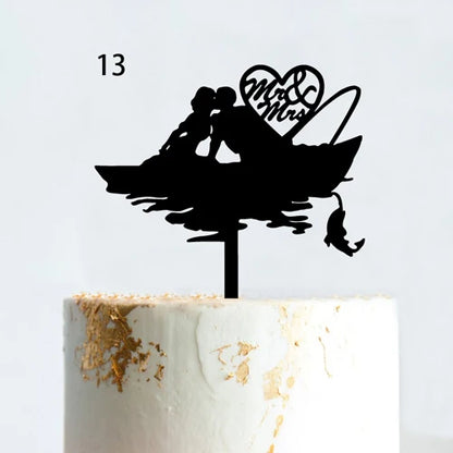 Fishing Style Wedding Cake Topper Funny Mr & Mrs Happy Birthday Hooked For Life Happy Retirement Acrylic Wooden Cake Decoration