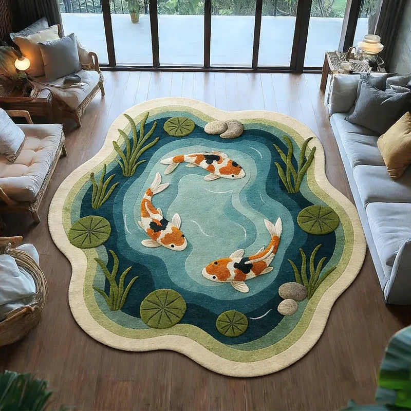 Koi Fish Pattern Bedroom Decor Round Carpet Anti-slip Carpets for Living Room Fluffy Soft Lounge Floor Mat Thick Plush Study Rug