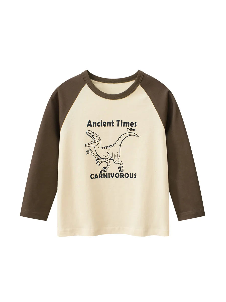 2026 Spring  Autumn Children Boys Long Sleeve T-Shirts Cartoon Dinosaur Cotton Tops 2-8 Years Kids Baby Boy Tees Toddler Clothes