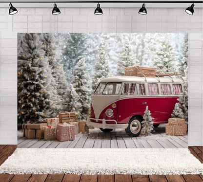 Christmas Photography Background Winter Snowy Pine Trees Mini Bus Camper Backdrop Xmas Gift Kids Winter Outdoor Photocall