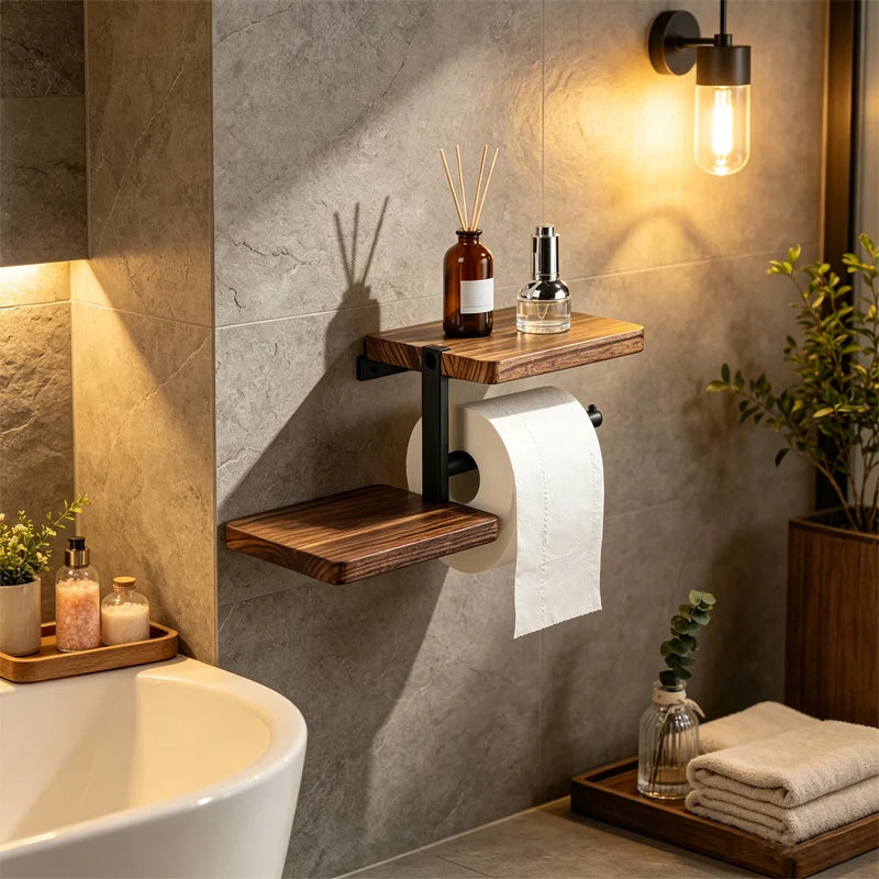 Wooden Toilet Paper Holder Hanging Tissue Roll Wall Mounted Bathroom Shelf Wallpaper Rack Dispenser Bathroom Accessories