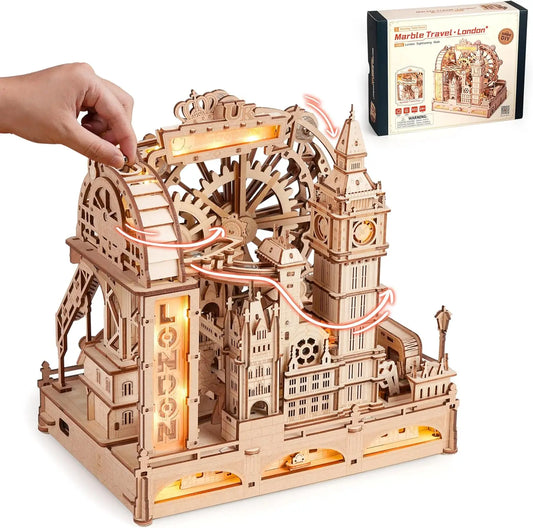 ROKR 3D Wooden Puzzles London City Miniature Marble Run Building Toys DIY Pinball Machine Model Kits Gear Ball Challeng