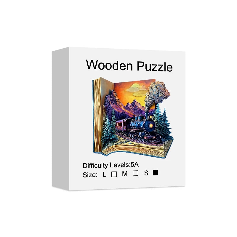 Wooden Puzzle for Adults - the Train in the Book Puzzle, Unique Shape Wooden Jigsaw Puzzles, Modern Art Home Decor
