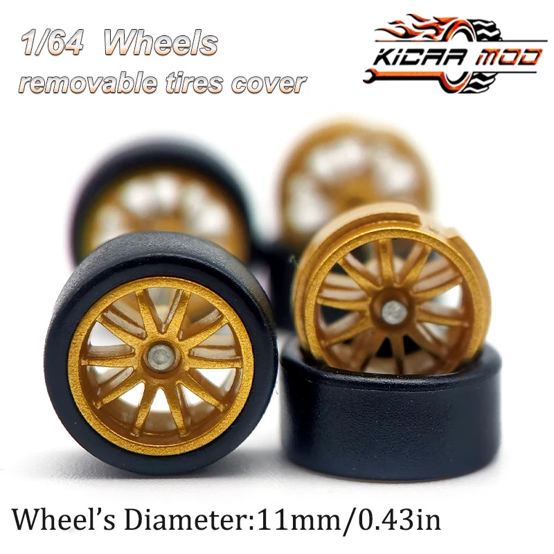 1/64 RLC Premium Wheels with Rubber Slick Tires for 10 Spokes Model Car Refitting Parts D:11mm (1 Set)