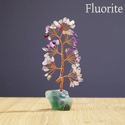 1 Piece Natural Gemstone Crystal Lucky Tree Decoration with Raw Stone Base – for Home, Office Desk & Living Room