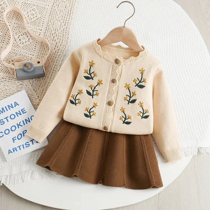 Baby Girl Clothes Girls Knitted Sweater Set Embroidered Flower Design Two-Piece Jacket And Pants Spring Autumn Korean Style
