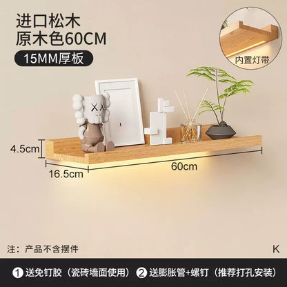 Solid wood luminous laminate wall shelf built-in LED light wall one-word shelf bookshelf honor wall display shelf