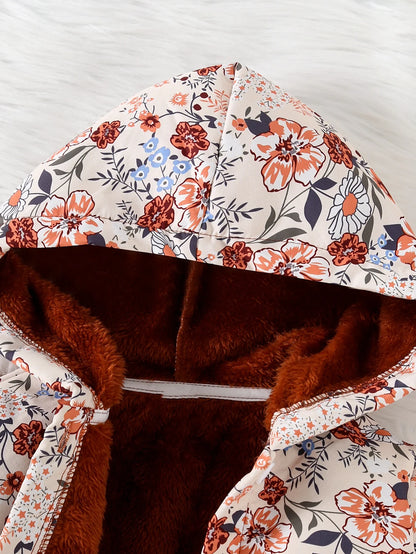Autumn/Winter New Women's Children's Fashion Full Print Flower Print Fleece Lined Thickened Hooded Jacket For Daily Casual Wear