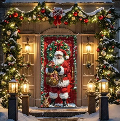 Christmas Theme Santa And Elk Backdrops Snowman Hanging Door Banner Indoor Outdoor Veranda Xmas Curtain Cover Festive Supplies