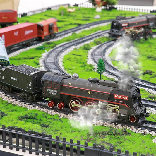 Simulation Train Remote Control Vintage Steam Train Track Accessories Spray Electric Train Carriages Locomotive Boys Toy