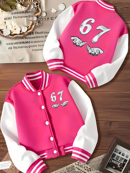 Six Seven Girls' Short Baseball Jacket - Casual Sports School Uniform with "67" Pattern, Trendy Girls' Clothing, Teenage Girls' Outfits, Children's Outdoor and Indoor Activity Sports Jacket, Girls' Autumn and Winter Seasonal