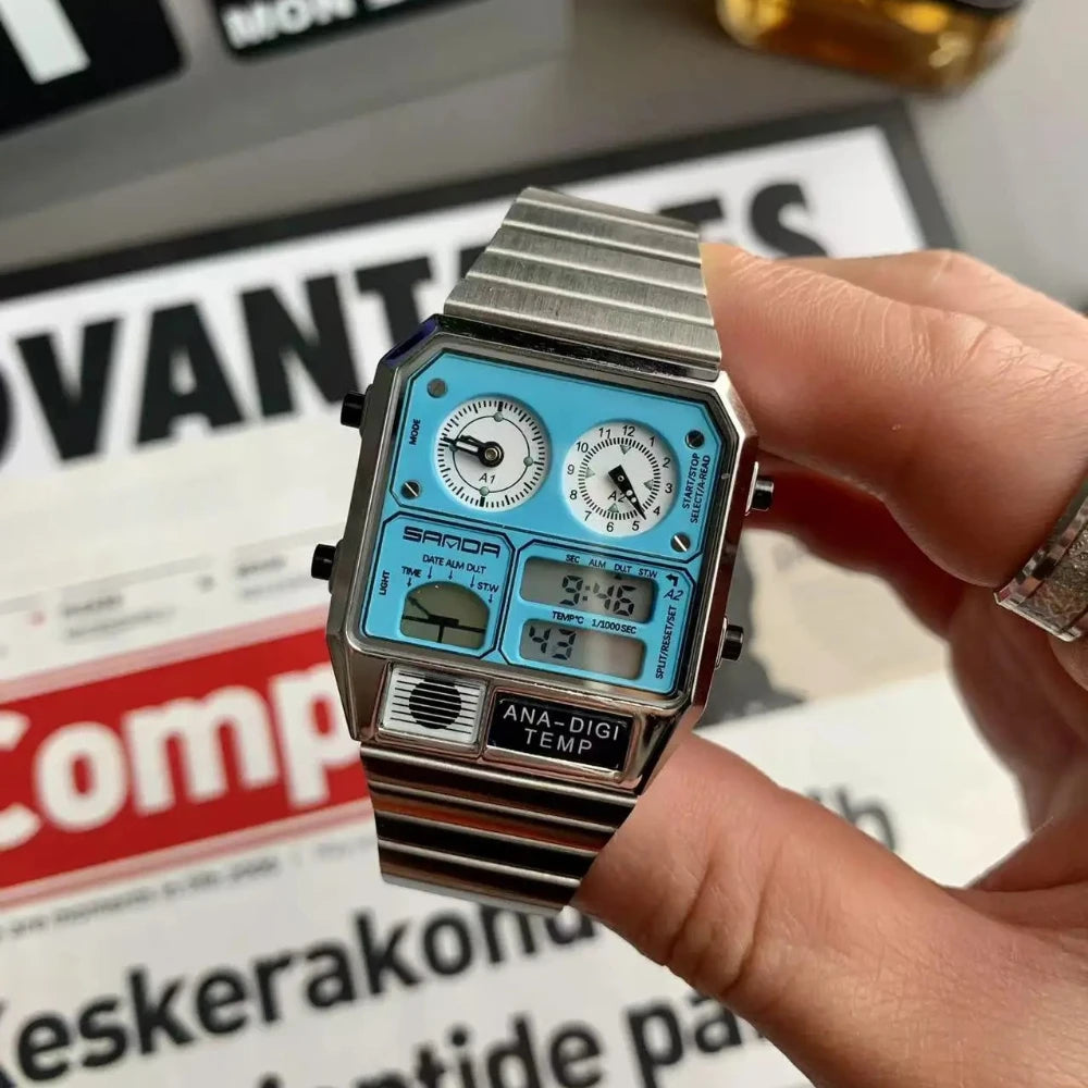 Ultra-thin Steel Alarm Electronic Multifunctional Retro Display Square quartz Watches Men's Outdoor Sports Clock Dual AAA Watch
