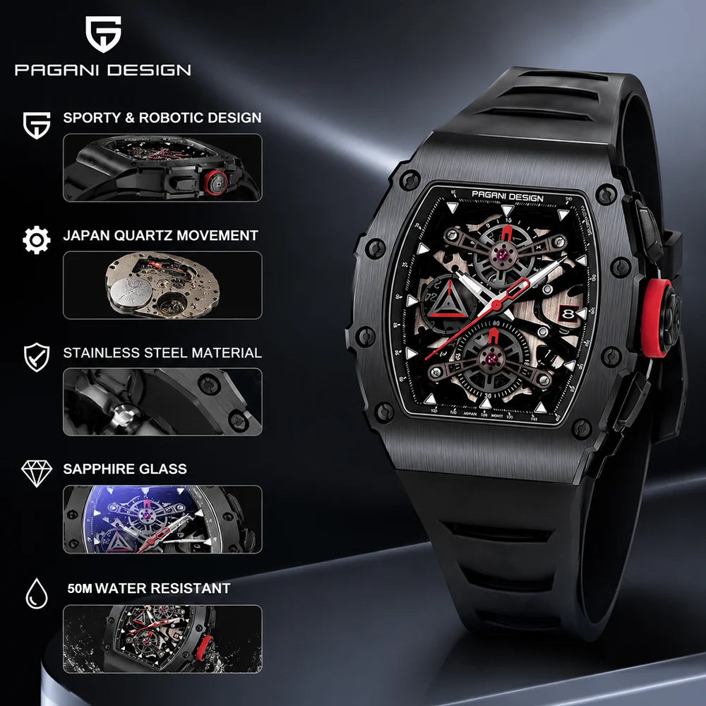 PAGANI DESIGN Wine Barrel Hollow out Men's Time Watch Top Sapphire Stainless Steel Men's Multi Functional Sports Watch