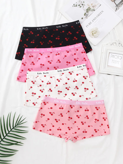 Random 4-Pack Mixed Color Fruit Pattern Cherry Print Ladies' Boxer Briefs Travel Home Casual Cotton Comfortable Underwear