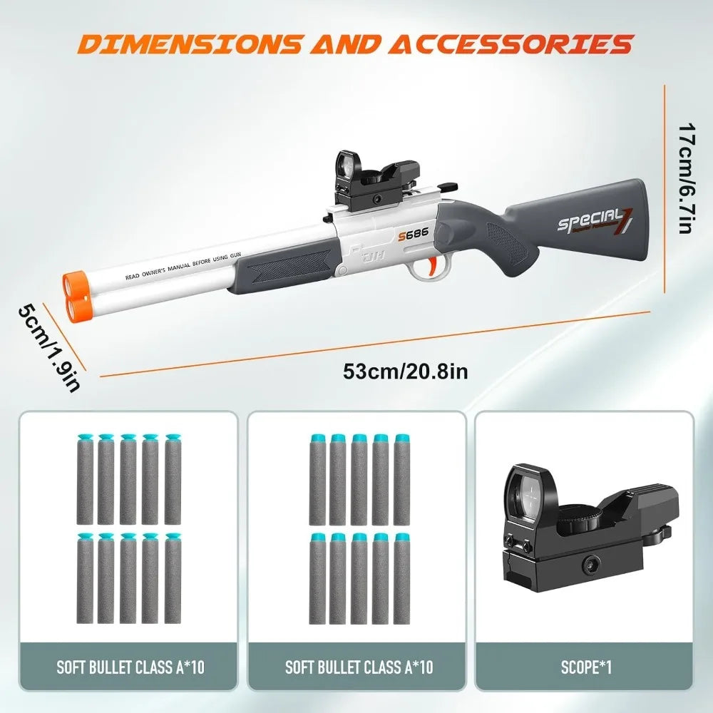 S686 Double Barrel Shotgun Toy with Scope & Soft Bullets Manually Loaded Gun Outdoor Hunting Shooting Game Christmas Gift