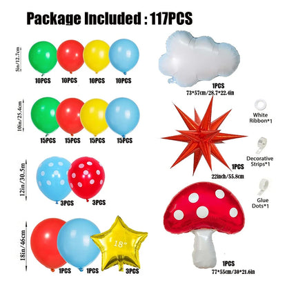 Red Blue Green Yellow Cloud Mushroom Star Balloons Arch Kit for Cartoon Video Game Super Bros Birthday Inspired Party Decoration