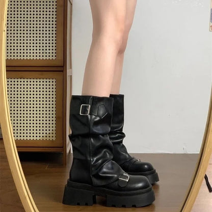 Women's Chunky Platform Motorcycle Boots Vintage Slouchy Mid-Calf Biker Shoes Matte Leather Buckle Booties