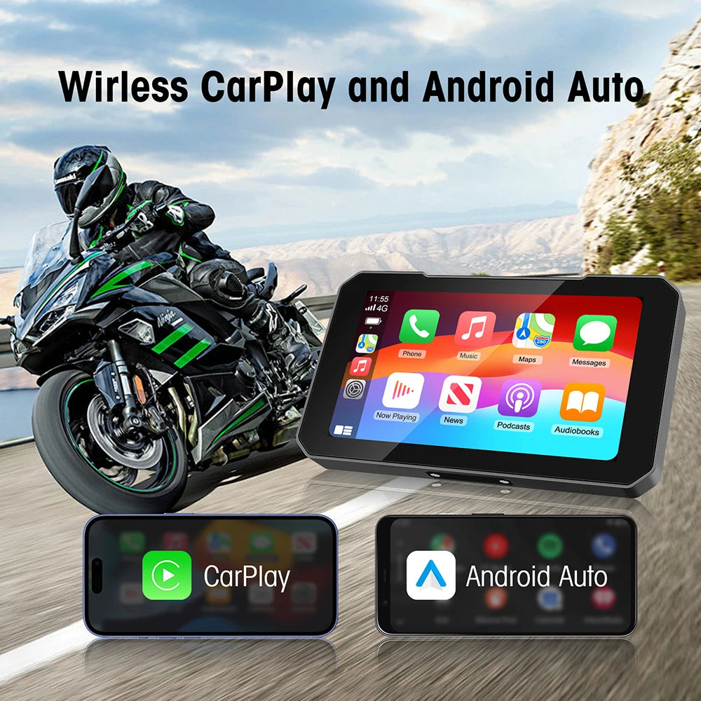5inch Motorcycle  Screen Moto DVR GPS Navigation Wireless Carplay Android Auto IP67 Waterproof Moto