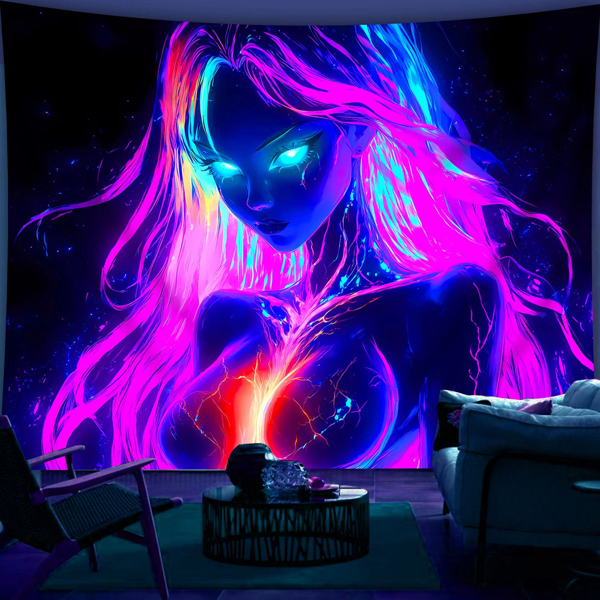 VIKAMA anime graffiti wall tapestry showcasing vibrant artwork of a mystical girl with neon colors, perfect for bedroom decoration.