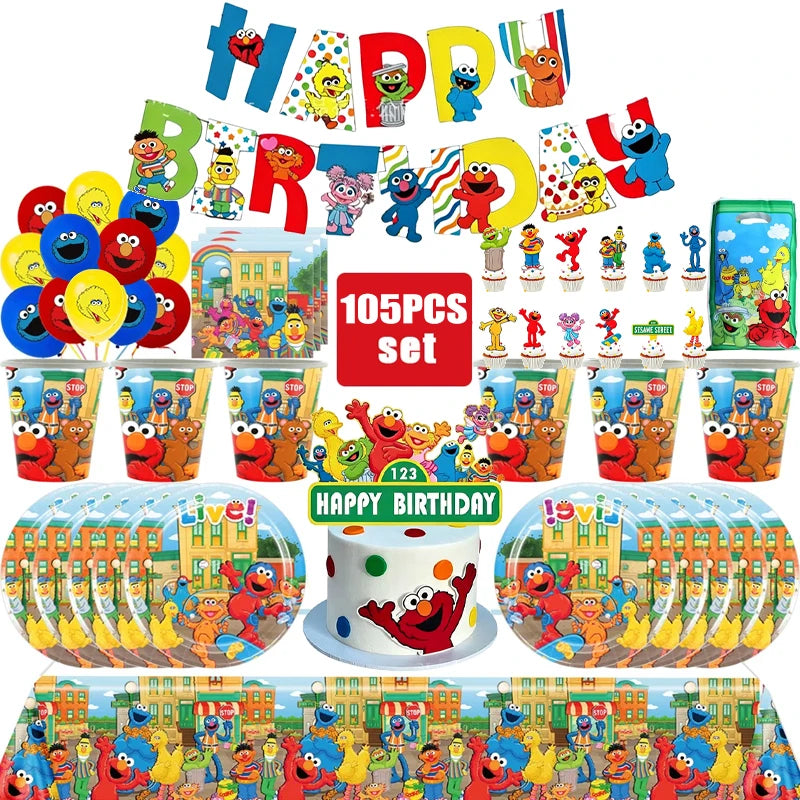 Birthday Party Decoration Set Supplies Cartoon Sesame Streets Birthday Party Supplies Tableware Balloon Cake Topper Banner Plate