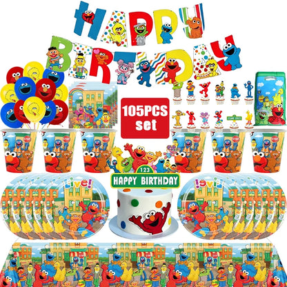 Birthday Party Decoration Set Supplies Cartoon Sesame Streets Birthday Party Supplies Tableware Balloon Cake Topper Banner Plate