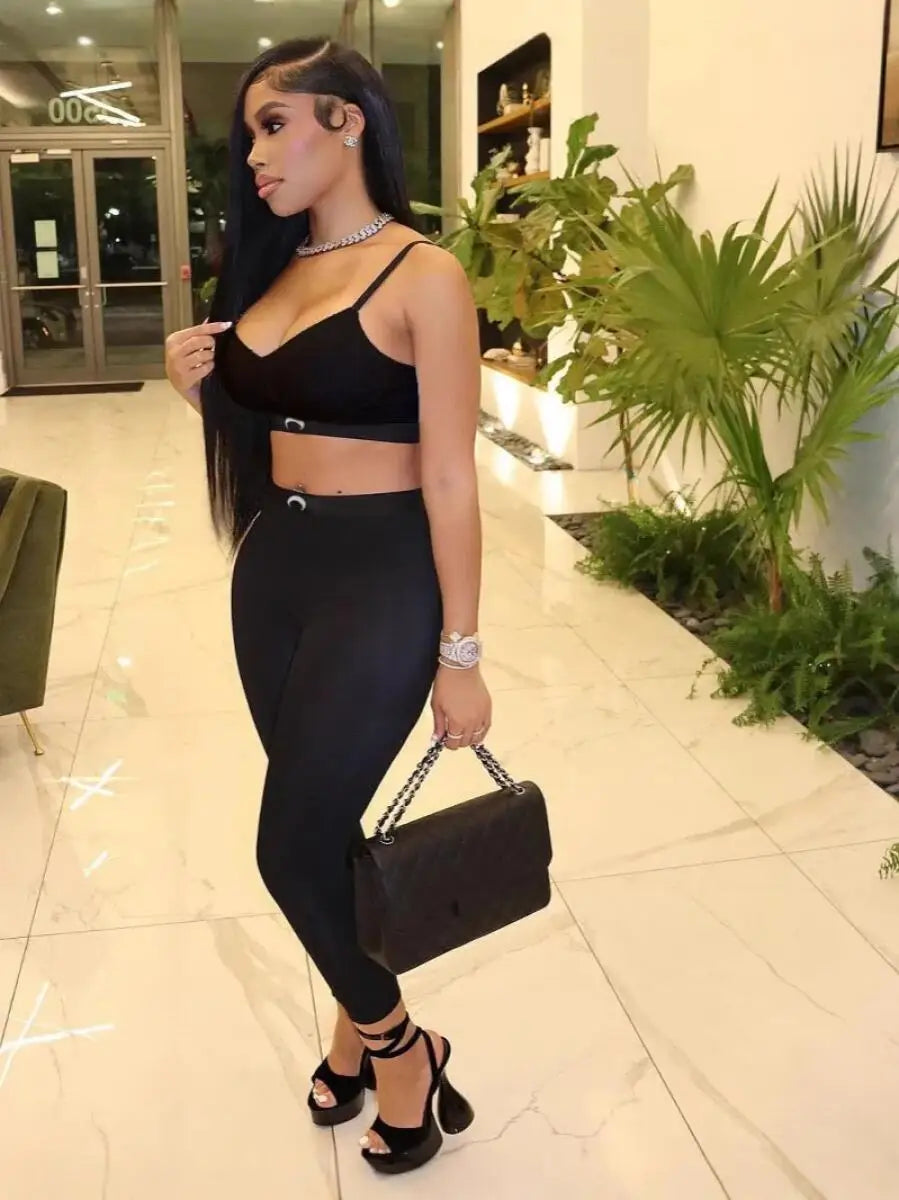 Slim Fit Two Piece Set Women Moon Tank Top Pants Ins High Street Summer Sexy Black Versatile Outer Set