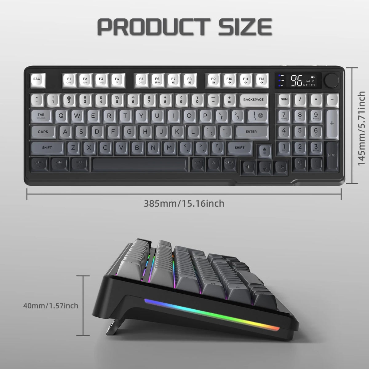 FREEWOLF M96 Wireless Dual Mode Gaming Keyboard with Smart Screen, 96-Key PBT RGB Backlight, Bluetooth, Media Knob, Ergonomics