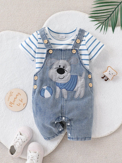 Baby Boy Striped T-Shirt + Cartoon Bear Denim Overalls Set, Cute Summer Casual Outfit for Going Out
