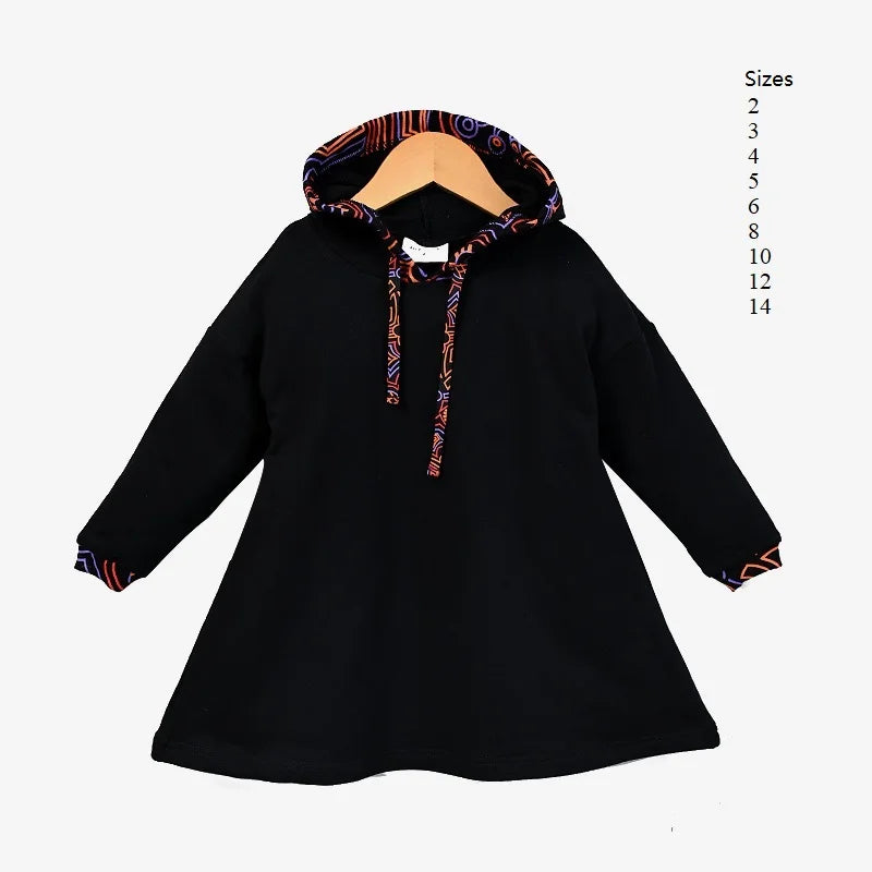Family Hooded Set Black Cotton French Terry Girl Dress Hooded Shirt Top Baby Romper for Autumn Black with Colorful Trims