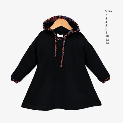 Family Hooded Set Black Cotton French Terry Girl Dress Hooded Shirt Top Baby Romper for Autumn Black with Colorful Trims