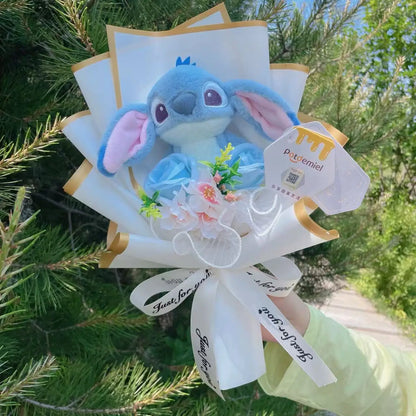 Genuine Winnie The Pooh Stitch Pikachu Plush Dolls With Sunflowers Creative Flower Bouquets Christmas Birthday Gifts For Girls
