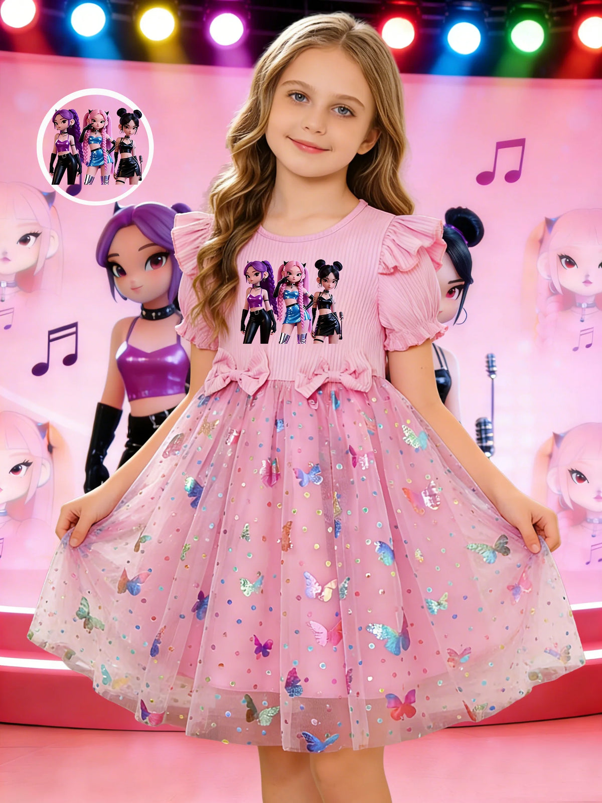 Girls' dress with sweet and cool girl group prints + double bows at the waist, puff sleeves, and a pink princess dress