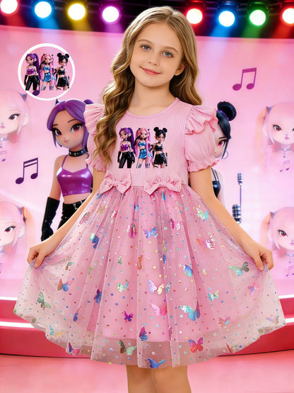 Girls' dress with sweet and cool girl group prints + double bows at the waist, puff sleeves, and a pink princess dress