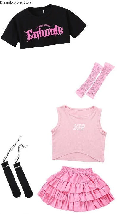 Girls K-pop Crop Top Street Dance Tiered Skirt Cargo Pants Children Costume Kids Hip Hop Streetwear Jazz Girl Group Clothes Sets