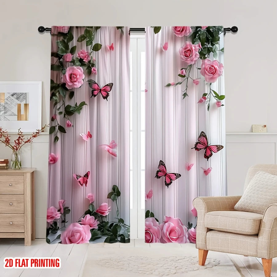 2PCS Digital Printed Curtains, Butterfly Pink Rose Romantic Botanical, Rod Pocket Window Drapes for Living Room Bedroom Decor