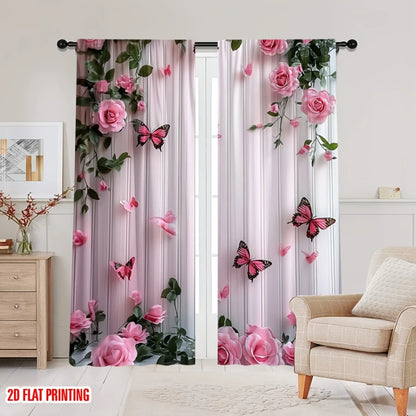 2PCS Digital Printed Curtains, Butterfly Pink Rose Romantic Botanical, Rod Pocket Window Drapes for Living Room Bedroom Decor