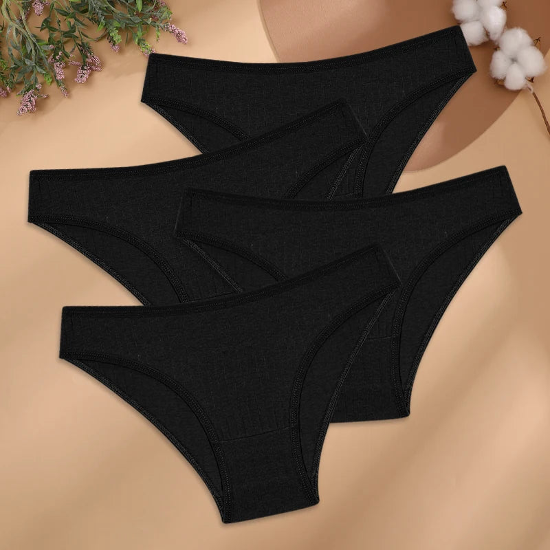 4Pcs/Set Cotton Panties Women Striped Solid Color Briefs Sexy Low-Waist Breathable Underpants Ladies Soft Stretch Lingerie M-XL