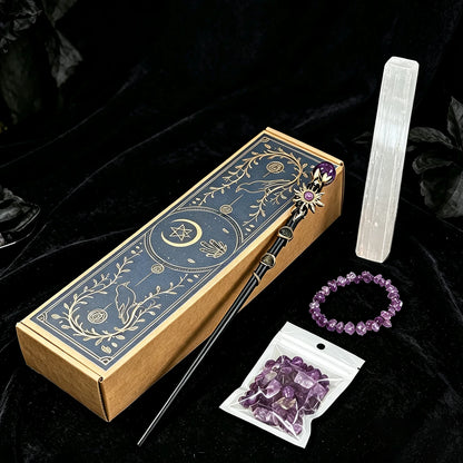 1box Amethyst Witch Crystal Wand Altar Kit, Natural Crystal Stones Selenite Wand Bracelet Wicca Ritual‑Supplies, Spiritual Decor