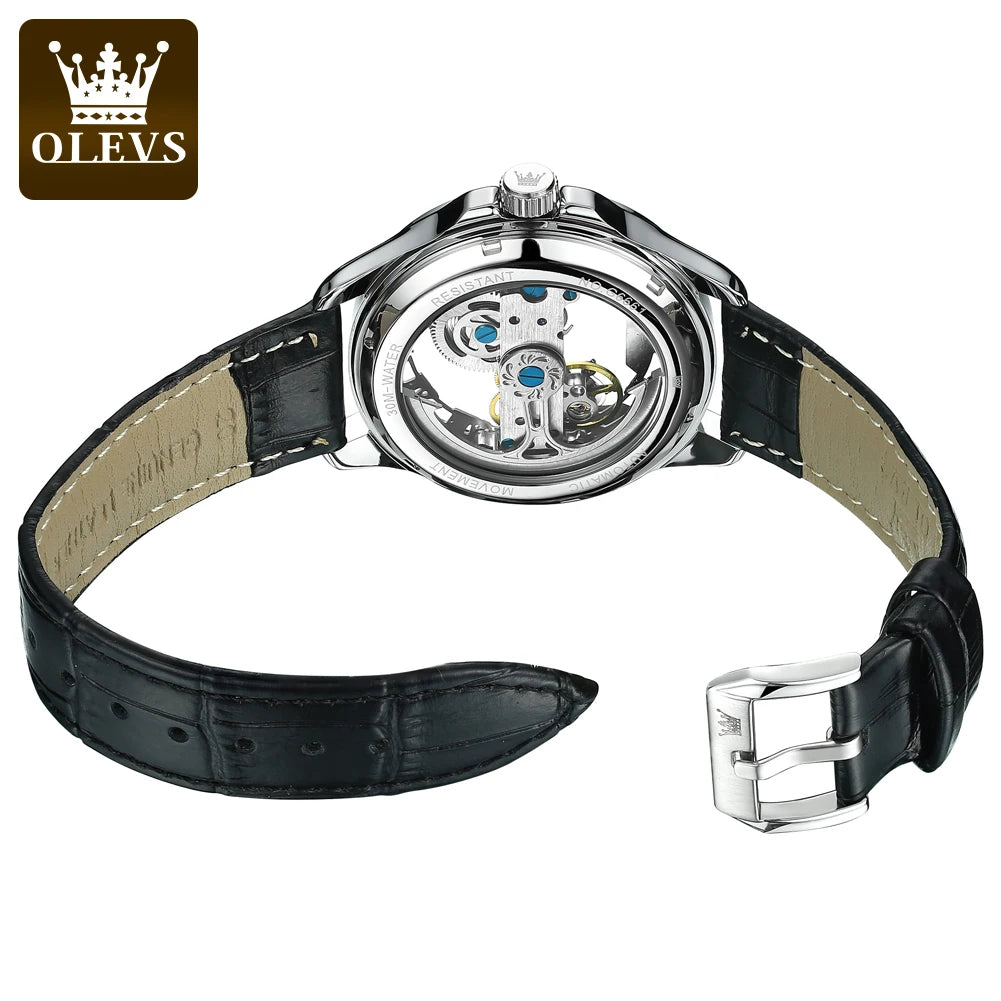 OLEVS 6661 Full Transparant Skelton Flywheel Automatic Mechanical Men's Watch Leather Strap Luxury Brand Original Man Wristwatch