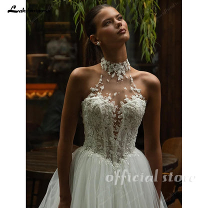 Lakshmigown Halter Illusion Wedding Dresses Lace Applique Beading Tulle A-line Bridal Gown Luxury Women's Bride Dress Customized