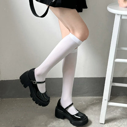 Solid Color Black White Long Socks Women Stockings JK Girls Thigh High Stockings Velvet Breathable Knee High Socks Stockings Sox