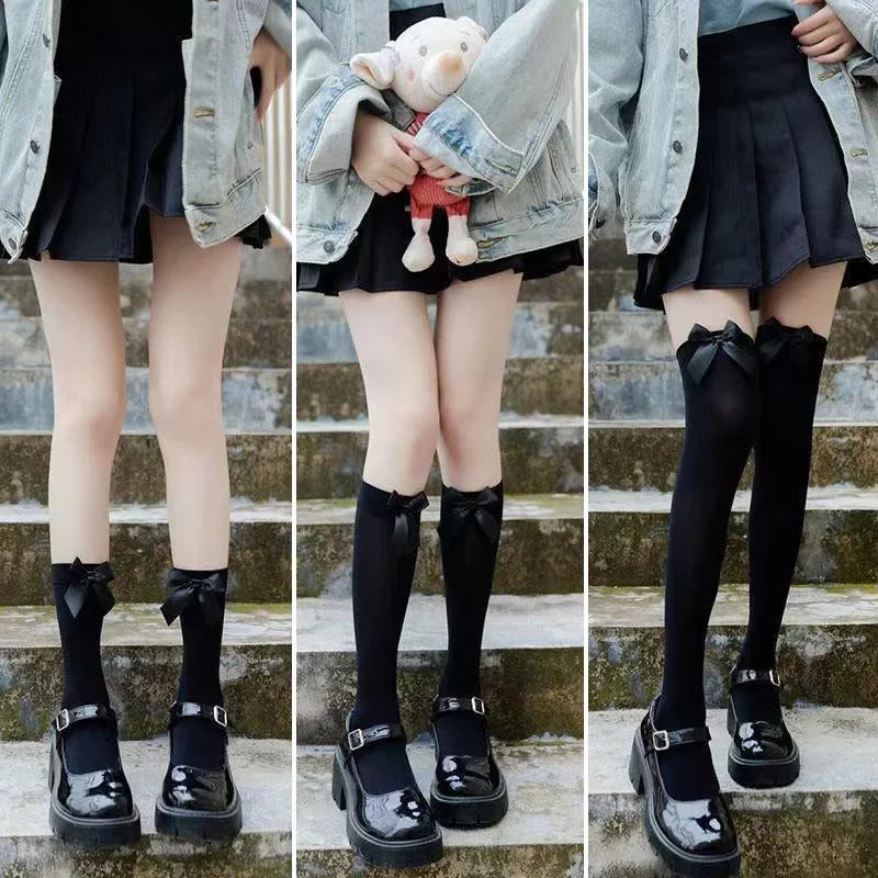 Opaque Bow Knee High Socks New Women Black White Sexy Thigh High Stockings over Knee Long Tights for Girls Ladies