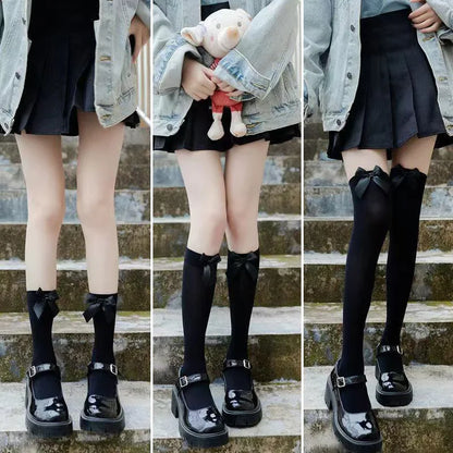 Opaque Bow Knee High Socks New Women Black White Sexy Thigh High Stockings over Knee Long Tights for Girls Ladies
