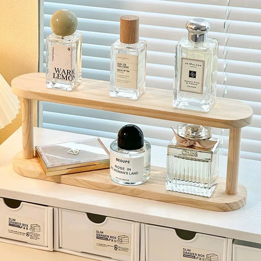 Wooden Storage Shelf 2-Tiers Desktop Organizer Shelves Desk Perfume Display Rack Desktop Dressing Table Cosmetics Storage Rack