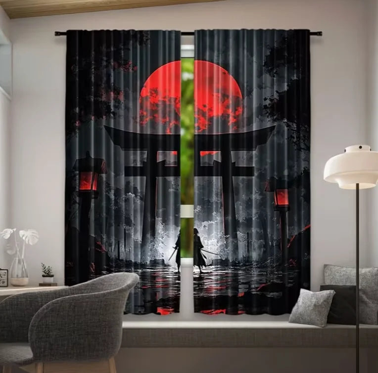 Launch The 2-Panels Japanese Warriors and Women Under Cherry Blossom Trees Semi Blackout Curtain - Improve Your Home Decor