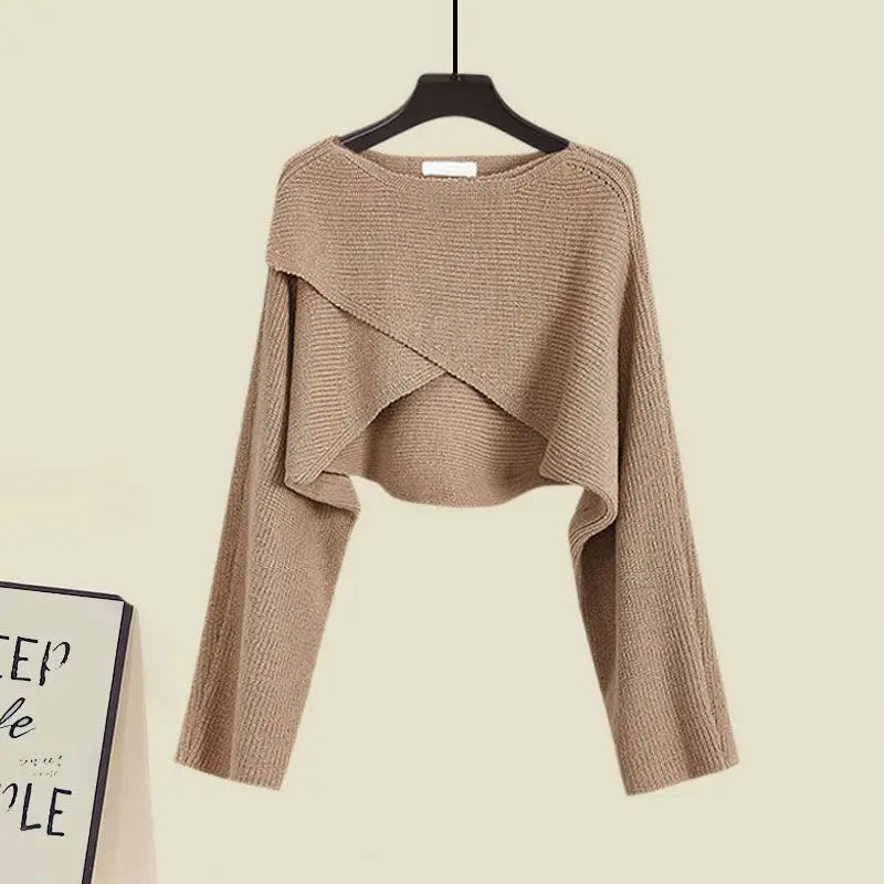2026 Women's Spring Autumn New Dress Matching Set Female Elegant Short Knitted Sweater+Irregular Sexy Strap Skirt Two Piece Suit