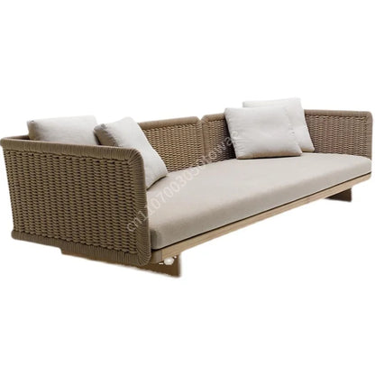 Woven Rattan Outdoor Sofa with Solid Wood Base, Weather-Resistant Patio Couch, 3-Seater Lounge Sofa for Balcony & Garden
